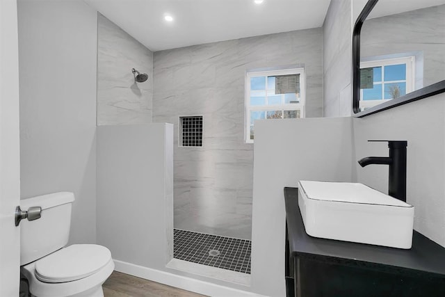 bathroom with a wealth of natural light, sink, toilet, hardwood / wood-style flooring, and a tile shower