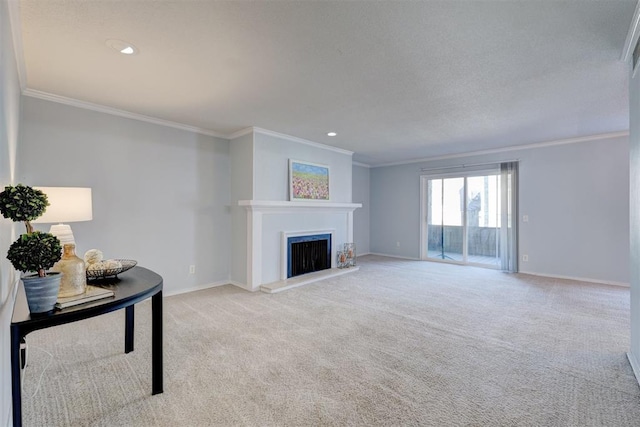 carpeted living room featuring crown molding