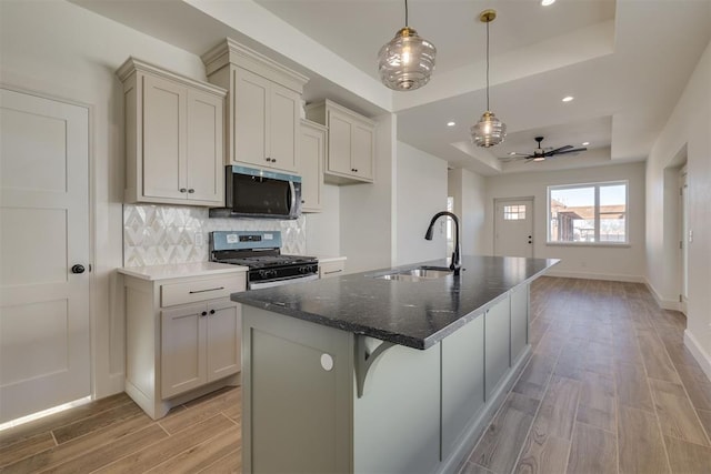 kitchen with wood finish floors, a sink, a tray ceiling, backsplash, and stainless steel appliances