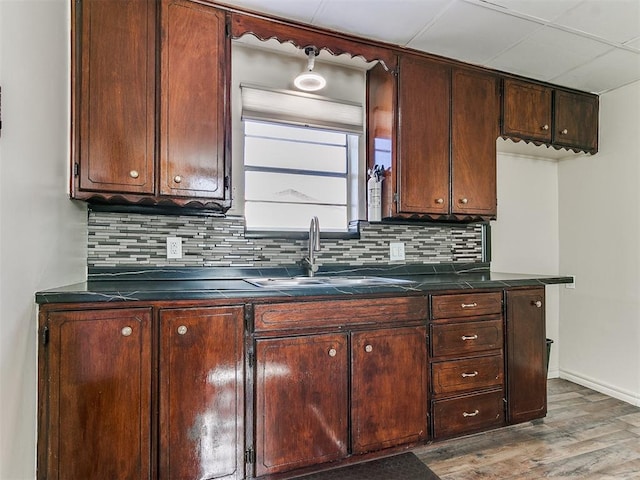 kitchen featuring sink, wood-type flooring, tasteful backsplash, and dark brown cabinetry