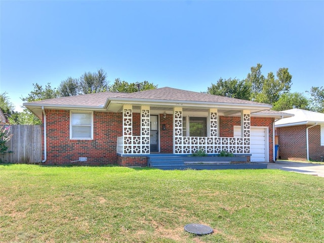 ranch-style home with a porch, a front lawn, and a garage