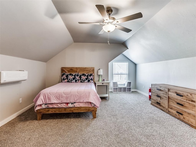 bedroom featuring ceiling fan, lofted ceiling, and carpet floors