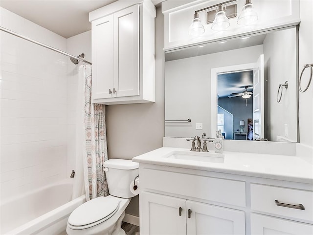 full bathroom with toilet, ceiling fan, shower / tub combo, and vanity