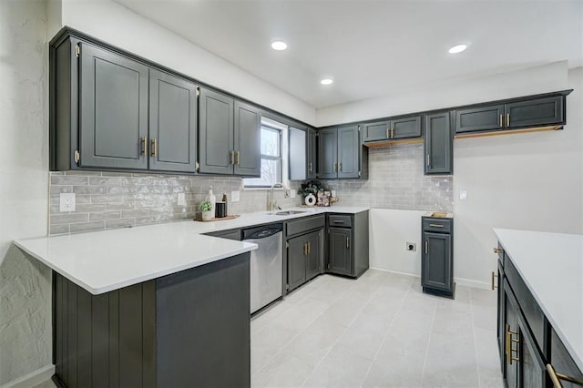 kitchen with gray cabinetry, kitchen peninsula, sink, stainless steel dishwasher, and tasteful backsplash