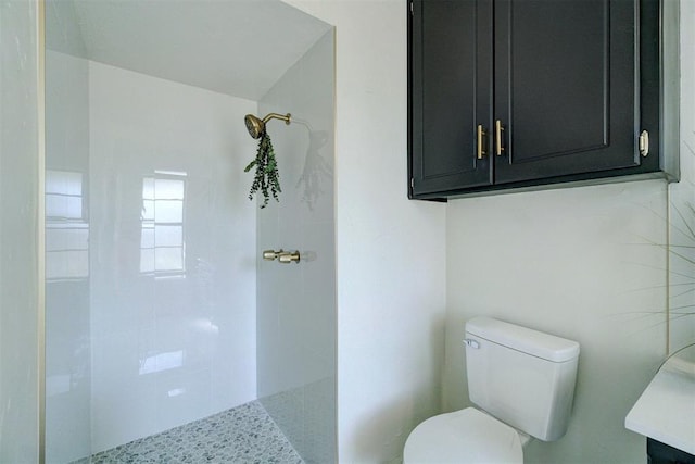 bathroom with a tile shower, vanity, and toilet