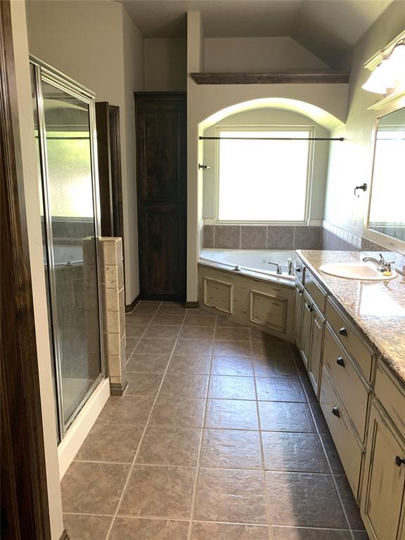 bathroom with separate shower and tub and vanity