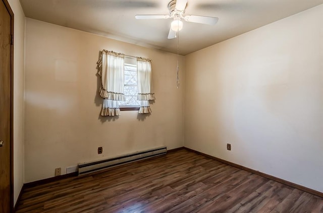 empty room with ceiling fan, a baseboard heating unit, and dark hardwood / wood-style floors