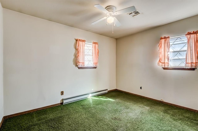 spare room featuring carpet floors, ceiling fan, a wealth of natural light, and a baseboard radiator