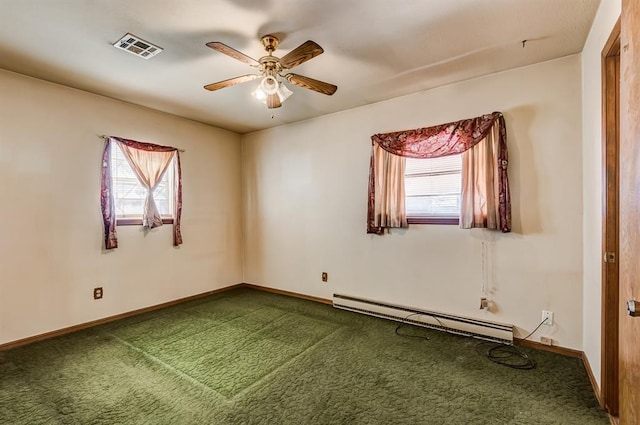 carpeted empty room featuring ceiling fan and a baseboard radiator