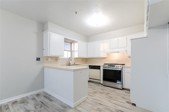 kitchen featuring light wood-type flooring, white cabinetry, sink, and white appliances