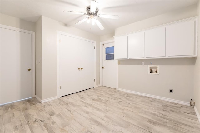 laundry room featuring hookup for an electric dryer, ceiling fan, light wood-type flooring, hookup for a washing machine, and cabinets