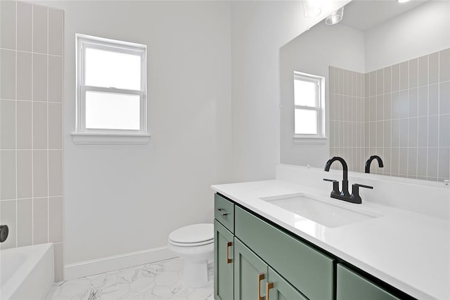 full bathroom featuring shower / bathtub combination, vanity, and toilet