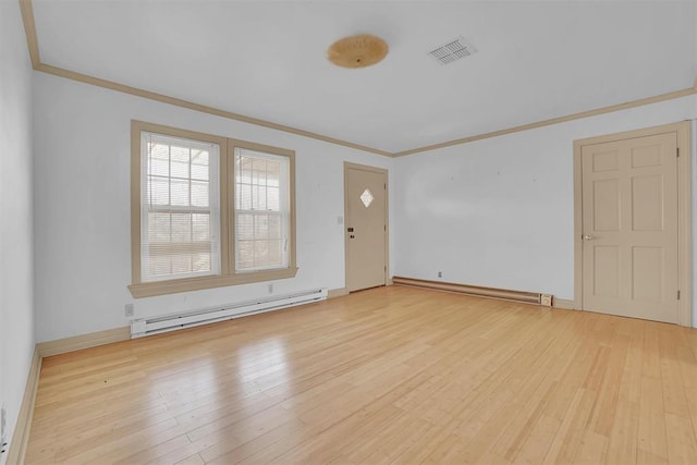 interior space featuring a baseboard heating unit, light hardwood / wood-style floors, and crown molding