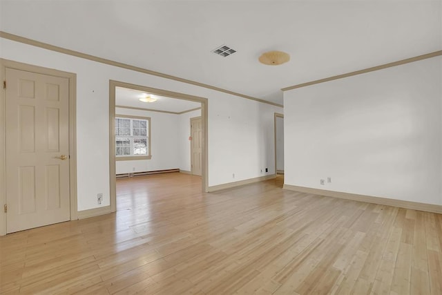 spare room with baseboard heating, light hardwood / wood-style flooring, and ornamental molding