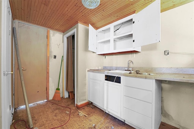 kitchen featuring sink, white cabinets, and wood ceiling