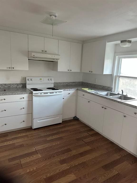 kitchen featuring sink, white cabinets, white electric range oven, and dark hardwood / wood-style floors