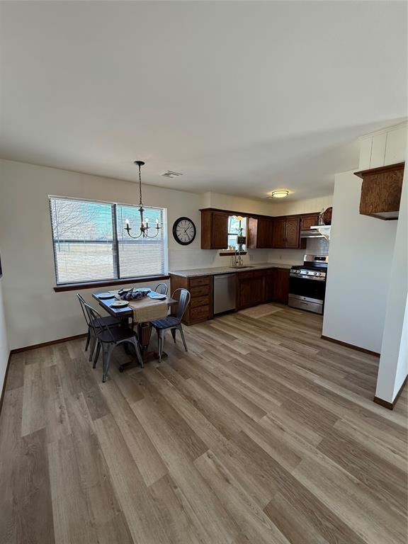 kitchen featuring stainless steel appliances, light countertops, light wood-style floors, a sink, and under cabinet range hood