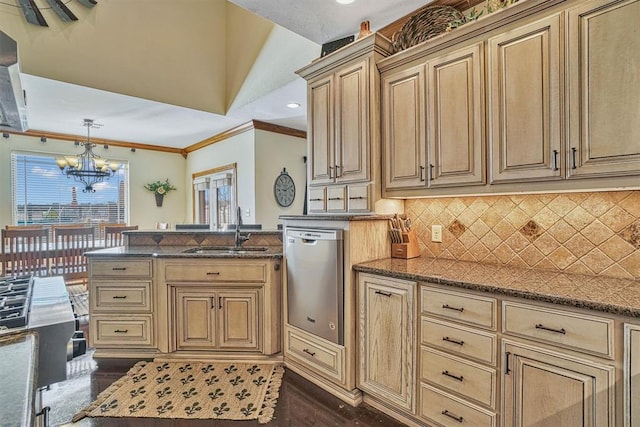 kitchen featuring sink, a chandelier, ornamental molding, dishwasher, and backsplash