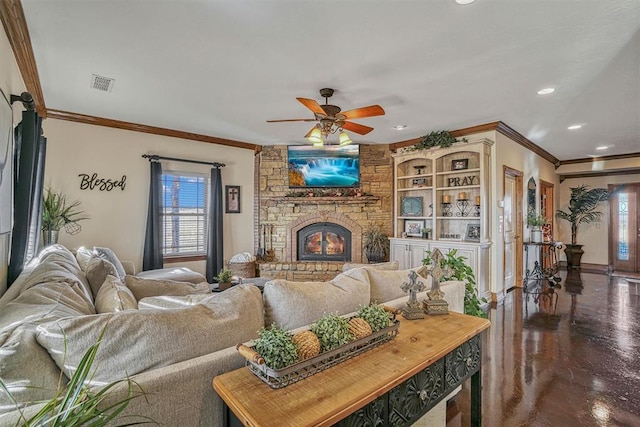 living room with a fireplace, a wealth of natural light, ornamental molding, and ceiling fan