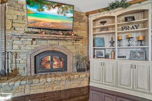 room details with a stone fireplace