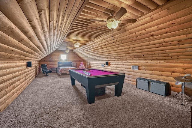 game room featuring wood ceiling, log walls, and carpet