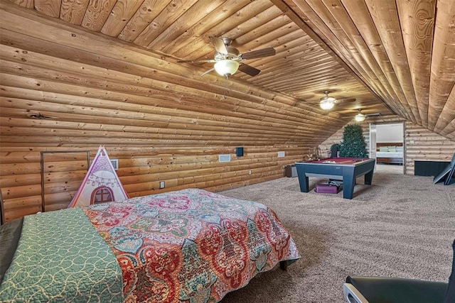 bedroom featuring wood ceiling, lofted ceiling, rustic walls, and carpet