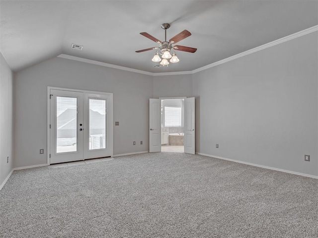 unfurnished room with a wealth of natural light, carpet flooring, ornamental molding, and ceiling fan