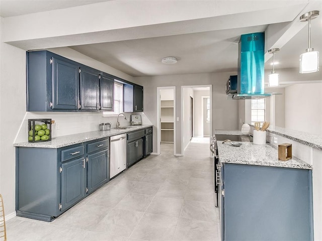 kitchen featuring dishwasher, decorative light fixtures, blue cabinetry, sink, and island range hood