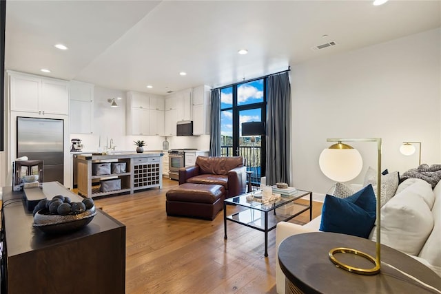 living room featuring light hardwood / wood-style floors and sink