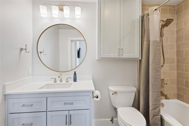 full bathroom with toilet, vanity, and shower / bath combination with curtain