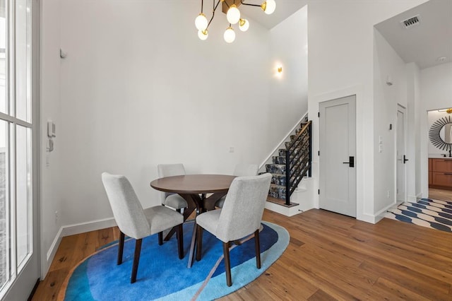 dining area featuring wood-type flooring, an inviting chandelier, and a wealth of natural light