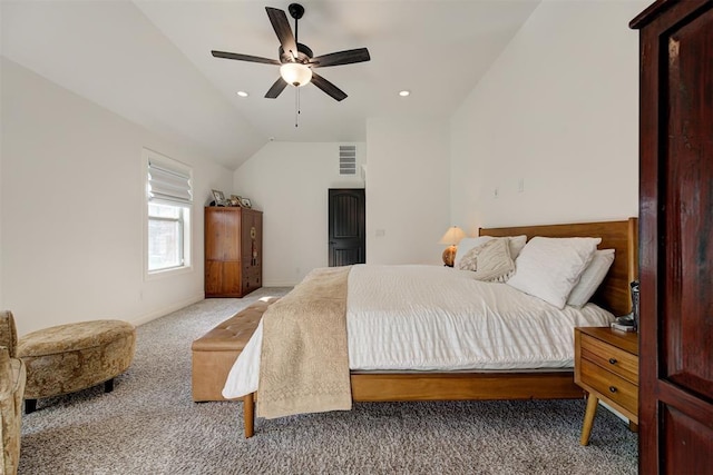 carpeted bedroom with lofted ceiling and ceiling fan