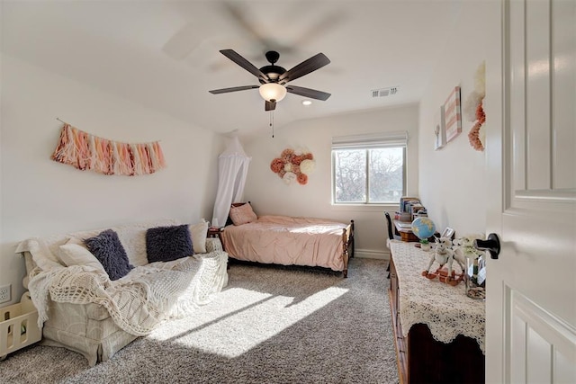 carpeted bedroom featuring ceiling fan and lofted ceiling