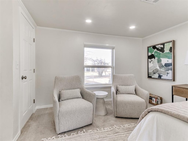 bedroom featuring light carpet and ornamental molding