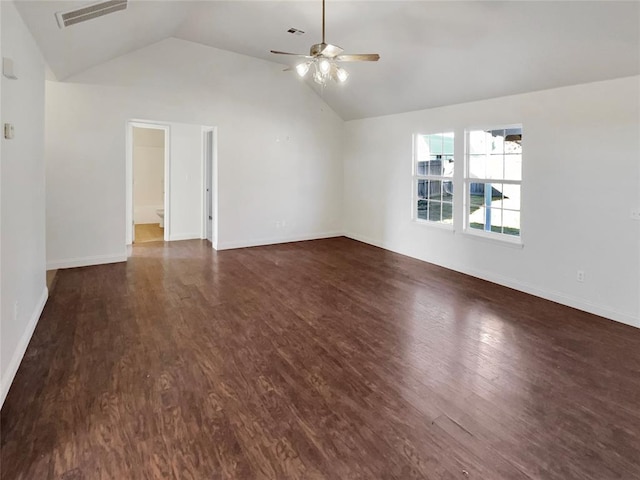 interior space featuring dark wood-type flooring, lofted ceiling, and ceiling fan