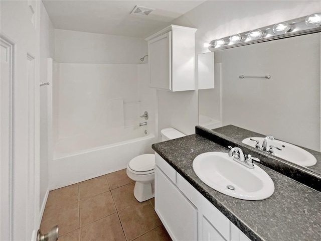 full bathroom featuring shower / tub combination, tile patterned floors, vanity, and toilet