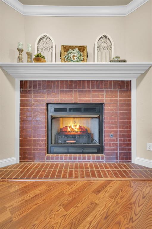 details featuring hardwood / wood-style flooring, a fireplace, and ornamental molding