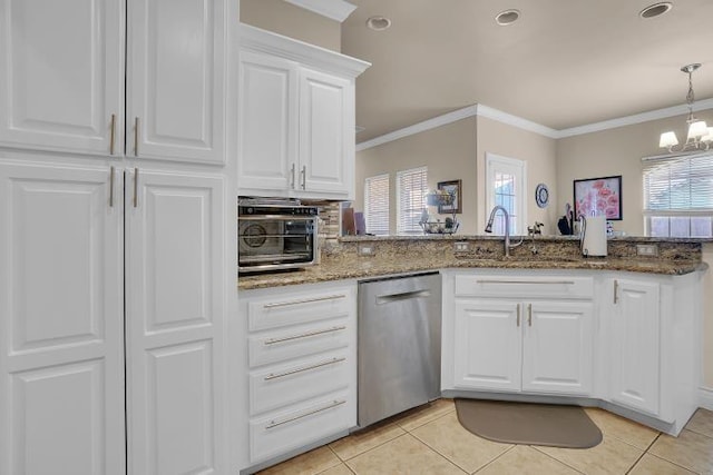 kitchen with white cabinetry, stainless steel dishwasher, light tile patterned flooring, and sink