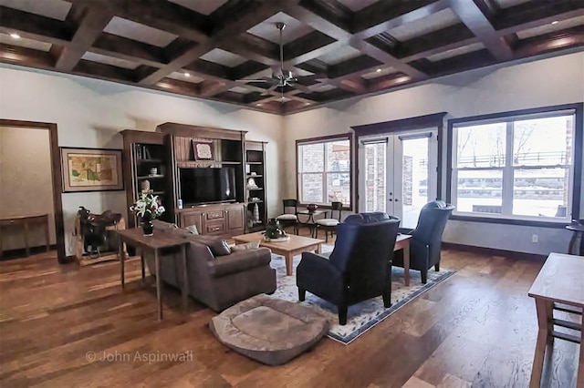 living room with ceiling fan and dark hardwood / wood-style flooring