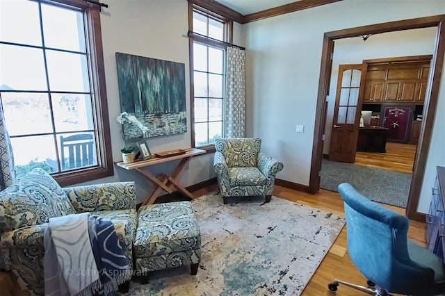 sitting room featuring hardwood / wood-style floors and crown molding