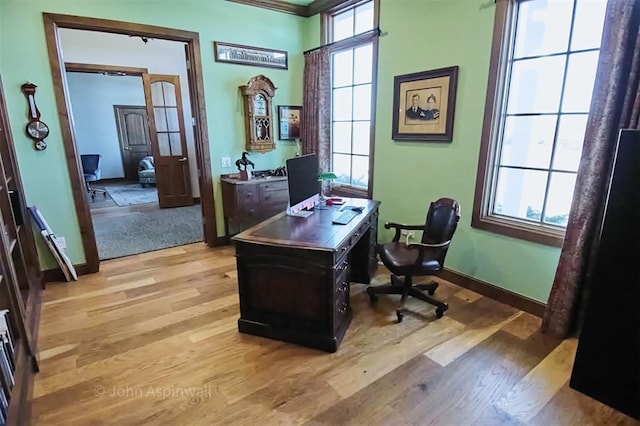 office area featuring crown molding and light hardwood / wood-style floors