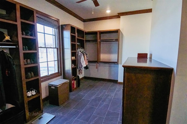 mudroom featuring ceiling fan and ornamental molding