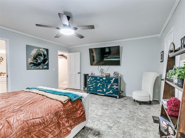 bedroom with ceiling fan, ornamental molding, and ensuite bath