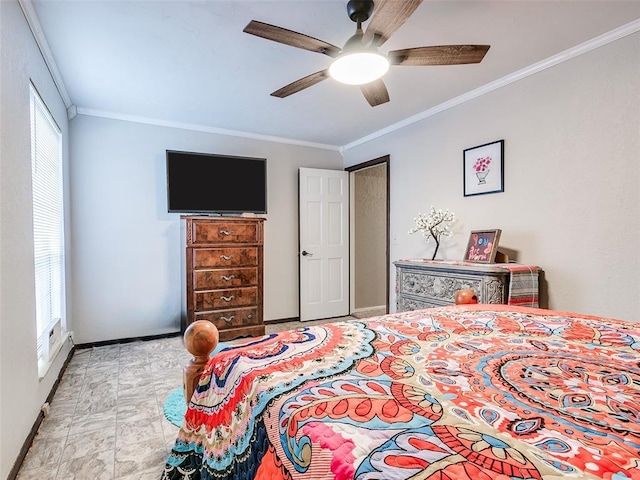 bedroom with ceiling fan and ornamental molding