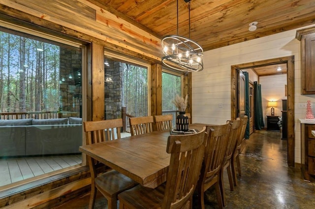 dining area featuring wood walls, wooden ceiling, and an inviting chandelier