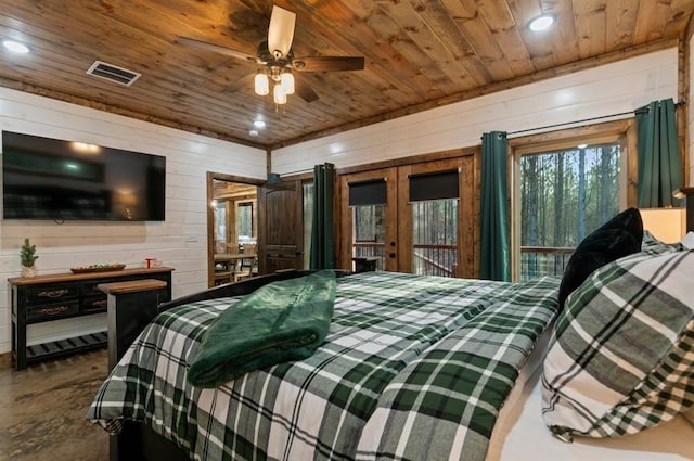 bedroom with wood walls, french doors, access to exterior, and wood ceiling