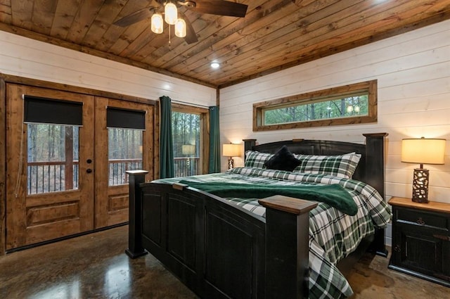 bedroom featuring access to exterior, multiple windows, french doors, and wooden ceiling