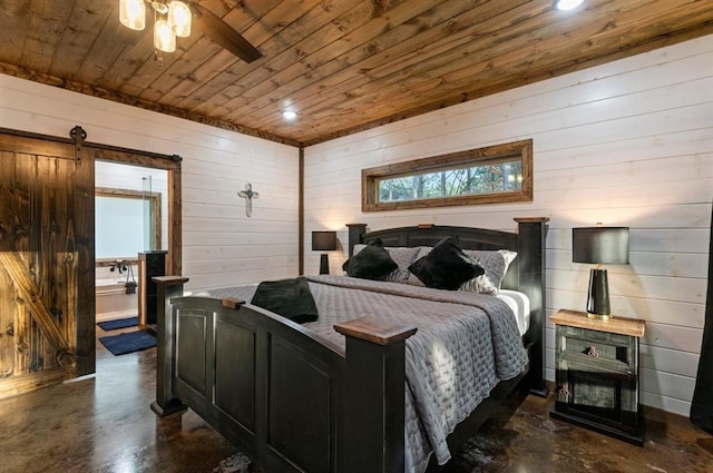 bedroom with wooden ceiling and a barn door