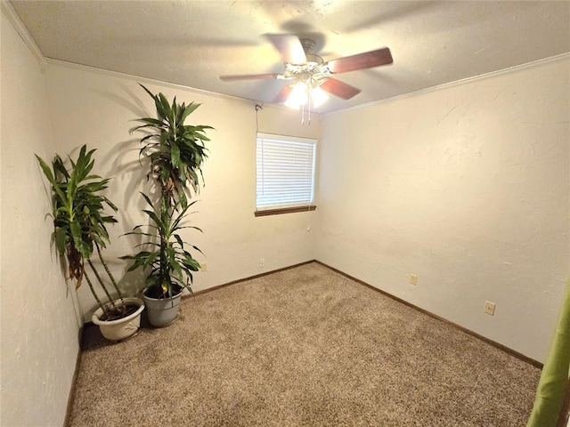 carpeted empty room featuring ornamental molding and ceiling fan