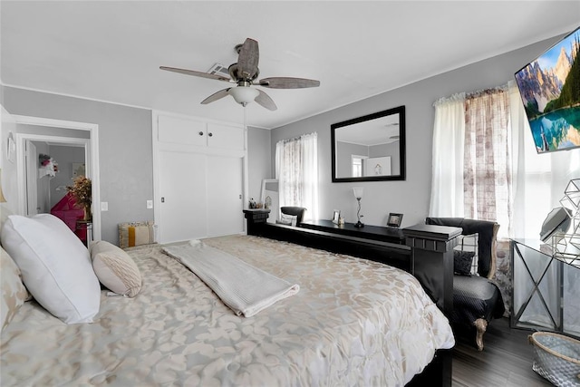 bedroom featuring hardwood / wood-style flooring, ceiling fan, a closet, and multiple windows